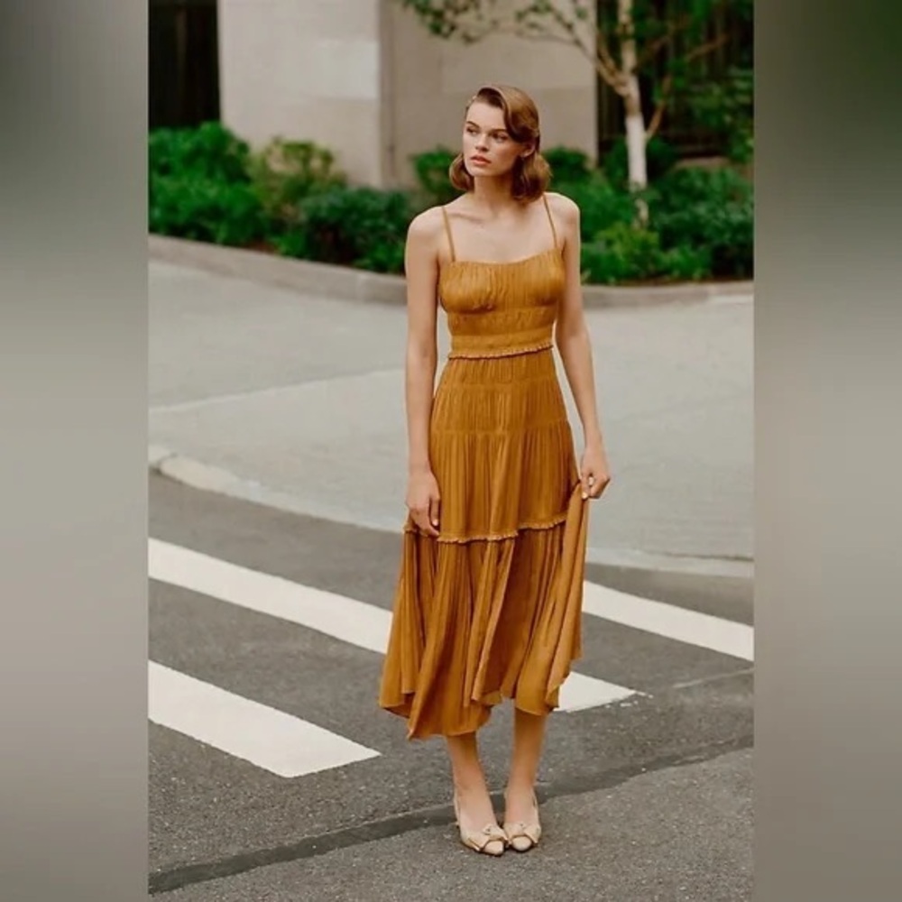 Anthropologie Ruched Tiered Satin Slip Midi Dress